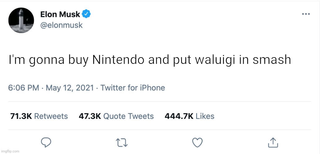 Don't get your hopes up, this is fake | I'm gonna buy Nintendo and put waluigi in smash | image tagged in elon musk blank tweet | made w/ Imgflip meme maker
