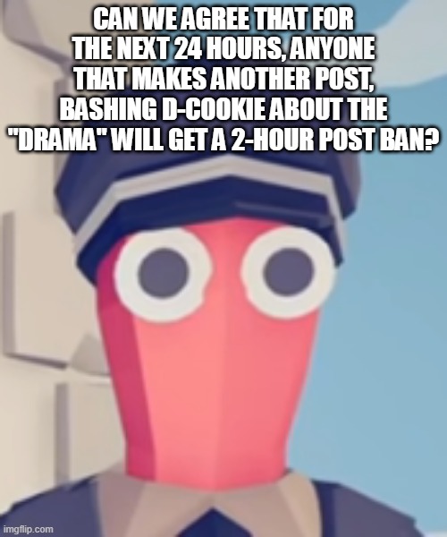 TABS Stare | CAN WE AGREE THAT FOR THE NEXT 24 HOURS, ANYONE THAT MAKES ANOTHER POST, BASHING D-COOKIE ABOUT THE "DRAMA" WILL GET A 2-HOUR POST BAN? | image tagged in tabs stare | made w/ Imgflip meme maker