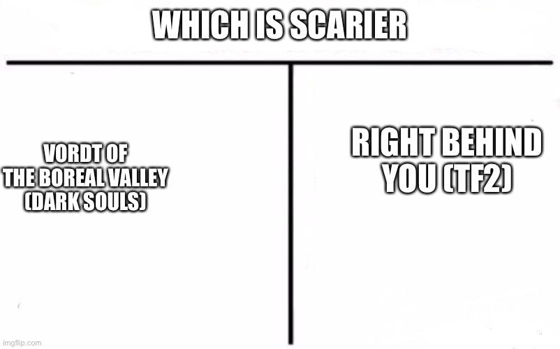 Who Would Win Blank | WHICH IS SCARIER; RIGHT BEHIND YOU (TF2); VORDT OF THE BOREAL VALLEY (DARK SOULS) | image tagged in who would win blank | made w/ Imgflip meme maker