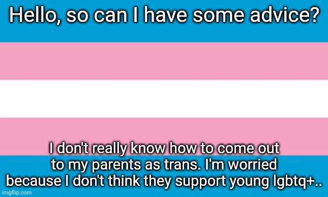 uhh- | Hello, so can I have some advice? I don't really know how to come out to my parents as trans. I'm worried because I don't think they support young lgbtq+.. | image tagged in transgender flag | made w/ Imgflip meme maker