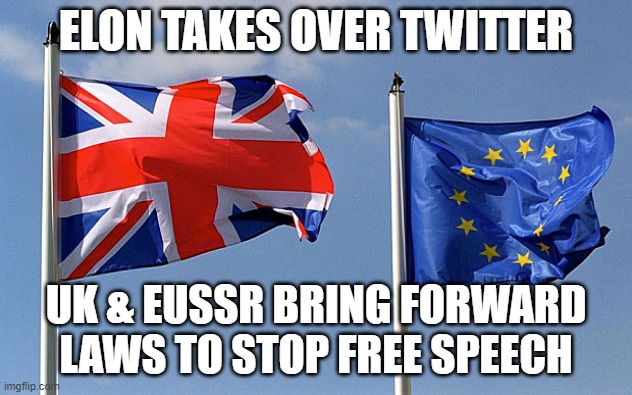 UK EU flag | ELON TAKES OVER TWITTER; UK & EUSSR BRING FORWARD LAWS TO STOP FREE SPEECH | image tagged in uk eu flag | made w/ Imgflip meme maker