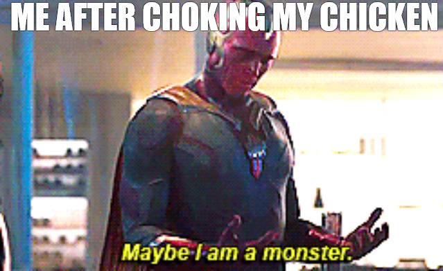 FIRST TIMER | ME AFTER CHOKING MY CHICKEN | image tagged in maybe i am a monster | made w/ Imgflip meme maker