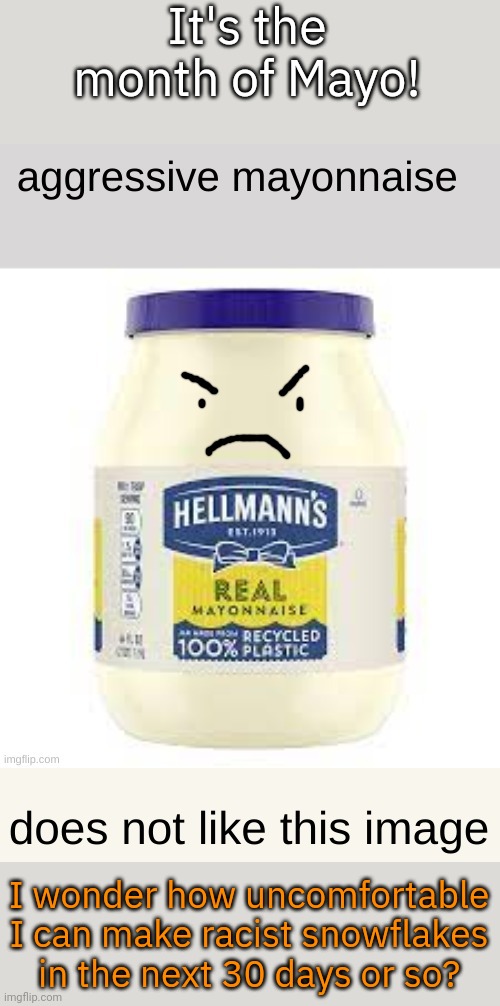 Let the games begin. | It's the month of Mayo! I wonder how uncomfortable I can make racist snowflakes in the next 30 days or so? | image tagged in aggressive mayonnaise,imgflip trolls,complainers,white supremacists,karens | made w/ Imgflip meme maker