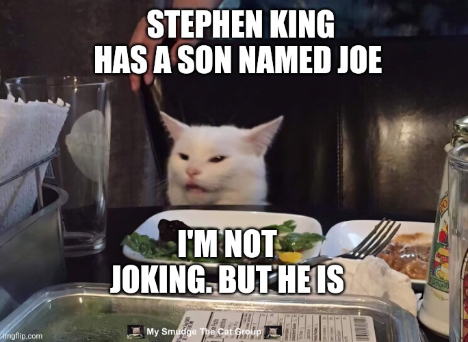 STEPHEN KING HAS A SON NAMED JOE; I'M NOT JOKING. BUT HE IS | image tagged in smudge the cat,funny memes | made w/ Imgflip meme maker