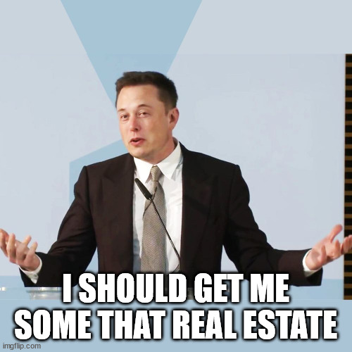 Elon Musk | I SHOULD GET ME SOME THAT REAL ESTATE | image tagged in elon musk | made w/ Imgflip meme maker