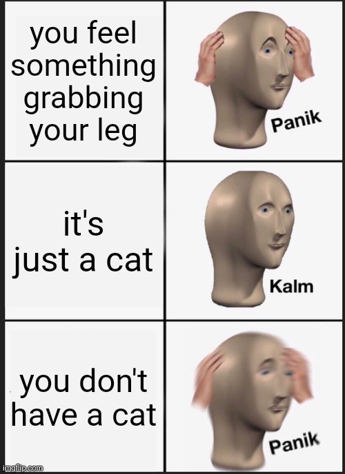 oh no | you feel something grabbing your leg; it's just a cat; you don't have a cat | image tagged in memes,panik kalm panik,oh no,dark humor | made w/ Imgflip meme maker