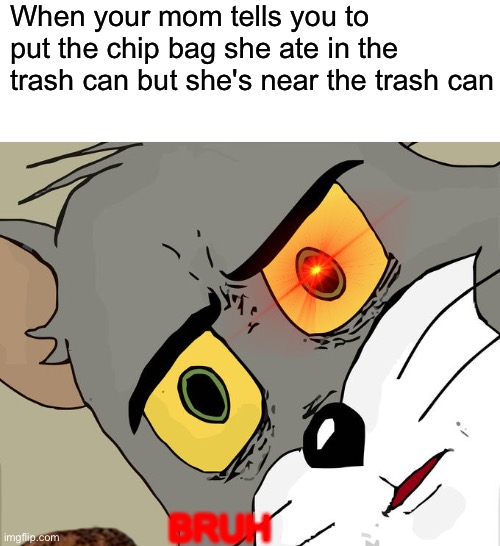 things moms do that are annoying | When your mom tells you to put the chip bag she ate in the trash can but she's near the trash can; BRUH | image tagged in memes,unsettled tom,mom,your mom,random tag i decided to put | made w/ Imgflip meme maker