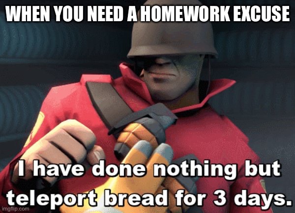 I have done nothing but teleport bread for 3 days | WHEN YOU NEED A HOMEWORK EXCUSE | image tagged in i have done nothing but teleport bread for 3 days | made w/ Imgflip meme maker