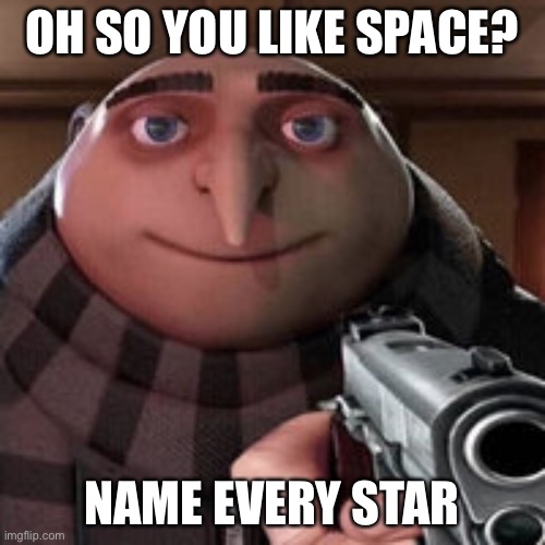Do it. | OH SO YOU LIKE SPACE? NAME EVERY STAR | image tagged in gru gun,memes,funny,funny memes,space,star | made w/ Imgflip meme maker