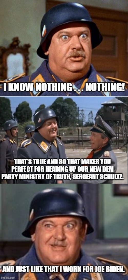 Pretty much how it actually works. | I KNOW NOTHING . . . NOTHING! THAT'S TRUE AND SO THAT MAKES YOU PERFECT FOR HEADING UP OUR NEW DEM PARTY MINISTRY OF TRUTH, SERGEANT SCHULTZ. AND JUST LIKE THAT I WORK FOR JOE BIDEN. | image tagged in sergeant schultz | made w/ Imgflip meme maker