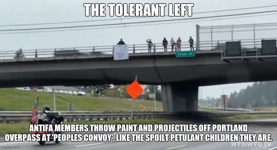 Antifa Brats | THE TOLERANT LEFT; ANTIFA MEMBERS THROW PAINT AND PROJECTILES OFF PORTLAND OVERPASS AT 'PEOPLES CONVOY', LIKE THE SPOILT PETULANT CHILDREN THEY ARE. | image tagged in memes,antifa,portland,scumbags,political meme | made w/ Imgflip meme maker