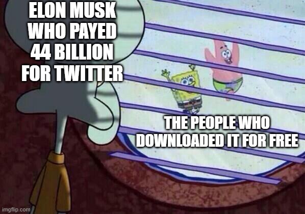 free raspberry extract | ELON MUSK WHO PAYED 44 BILLION FOR TWITTER; THE PEOPLE WHO DOWNLOADED IT FOR FREE | image tagged in squidward window | made w/ Imgflip meme maker