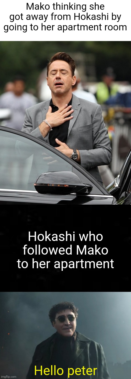 "What a nice apartment room Mako, It'd be a shame to ruin it" | Mako thinking she got away from Hokashi by going to her apartment room; Hokashi who followed Mako to her apartment; Hello peter | image tagged in relief,hello peter | made w/ Imgflip meme maker