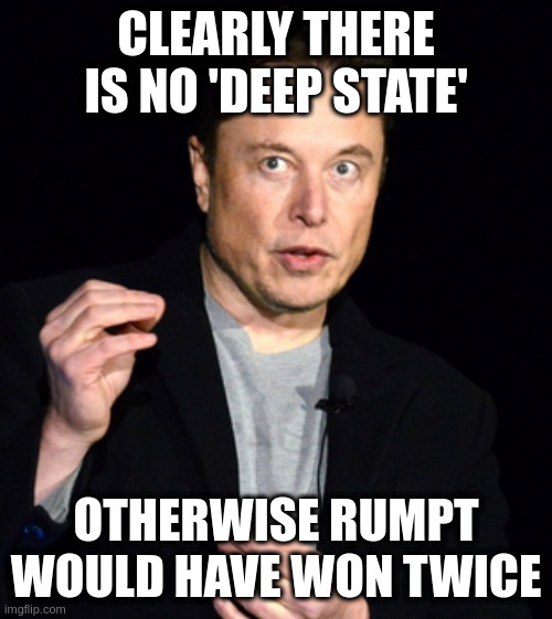 thank dog for the moral civil servants who run things | CLEARLY THERE IS NO 'DEEP STATE' OTHERWISE RUMPT WOULD HAVE WON TWICE | image tagged in musk | made w/ Imgflip meme maker
