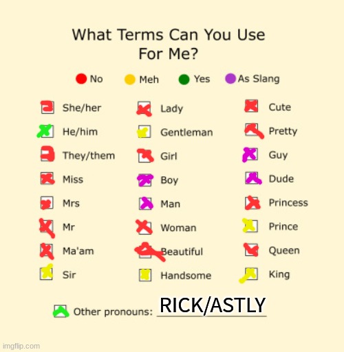 Pronouns Sheet | RICK/ASTLY | image tagged in pronouns sheet | made w/ Imgflip meme maker