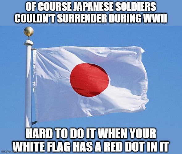 Kamikaze! | OF COURSE JAPANESE SOLDIERS COULDN'T SURRENDER DURING WWII; HARD TO DO IT WHEN YOUR WHITE FLAG HAS A RED DOT IN IT | image tagged in japan flag | made w/ Imgflip meme maker