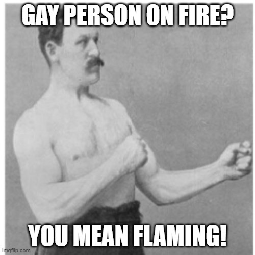 Whoa There | GAY PERSON ON FIRE? YOU MEAN FLAMING! | image tagged in memes,overly manly man | made w/ Imgflip meme maker