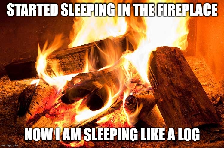 Burn This Joke | STARTED SLEEPING IN THE FIREPLACE; NOW I AM SLEEPING LIKE A LOG | image tagged in fireplace | made w/ Imgflip meme maker