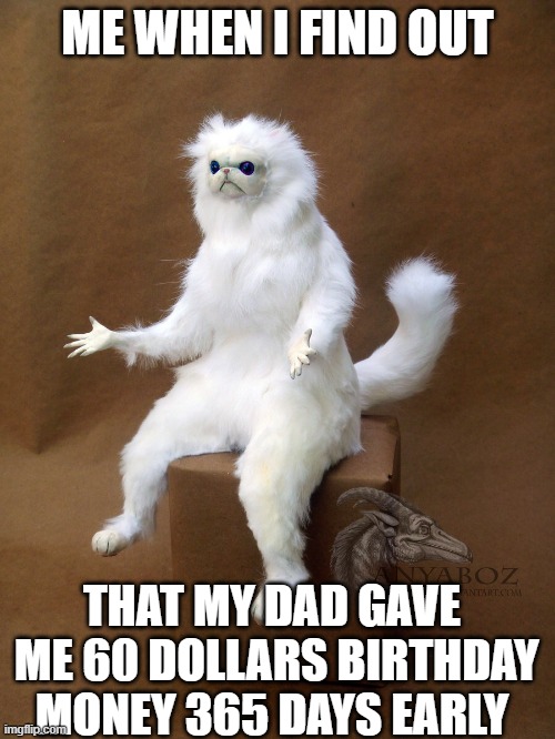 Persian Cat Room Guardian Single | ME WHEN I FIND OUT; THAT MY DAD GAVE  ME 60 DOLLARS BIRTHDAY MONEY 365 DAYS EARLY | image tagged in memes,persian cat room guardian single,funny,cat,monke | made w/ Imgflip meme maker