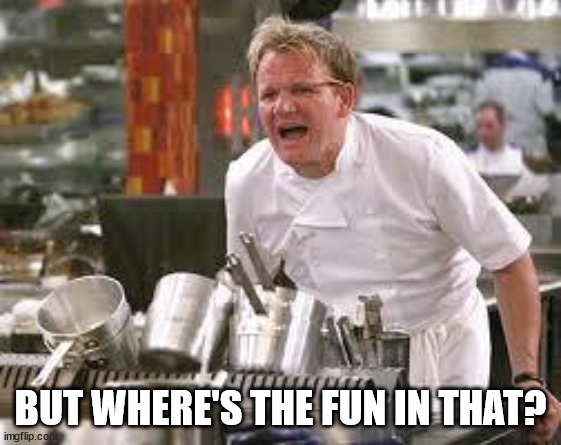 Gordon ramsey | BUT WHERE'S THE FUN IN THAT? | image tagged in gordon ramsey | made w/ Imgflip meme maker