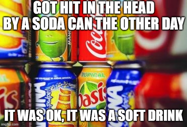 Didn't Hurt | GOT HIT IN THE HEAD BY A SODA CAN THE OTHER DAY; IT WAS OK, IT WAS A SOFT DRINK | image tagged in sodas | made w/ Imgflip meme maker