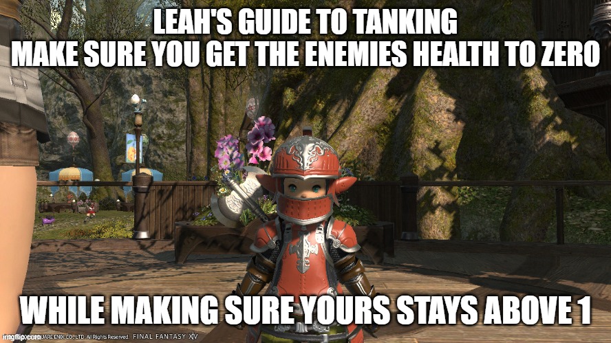  LEAH'S GUIDE TO TANKING
MAKE SURE YOU GET THE ENEMIES HEALTH TO ZERO; WHILE MAKING SURE YOURS STAYS ABOVE 1 | image tagged in final fantasy | made w/ Imgflip meme maker