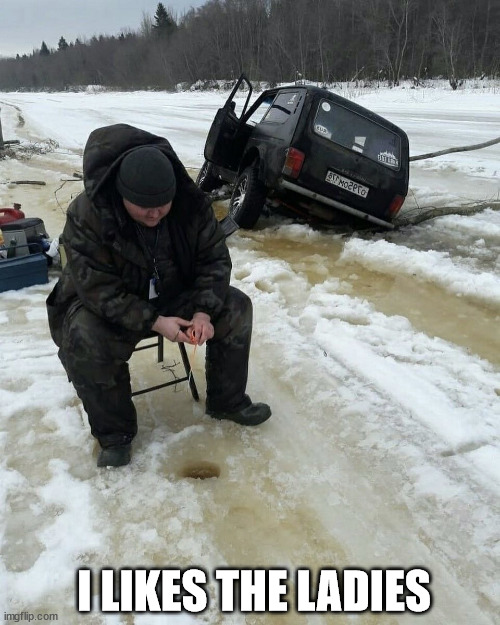 Fishing Guy And Drowning Car | I LIKES THE LADIES | image tagged in fishing guy and drowning car | made w/ Imgflip meme maker