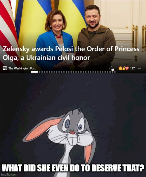 Why did Pelosi get that award? What has she even done for Ukraine to deserve suck a big thing? | WHAT DID SHE EVEN DO TO DESERVE THAT? | image tagged in bugs bunny crazy face,ukraine | made w/ Imgflip meme maker