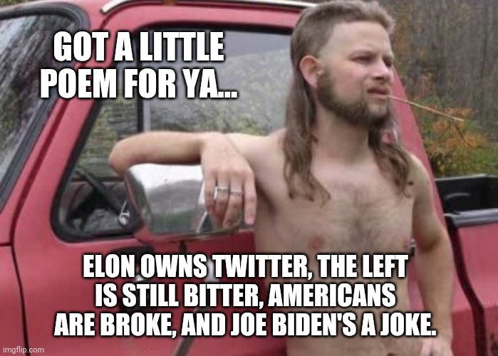 Broke as a joke. | GOT A LITTLE POEM FOR YA... ELON OWNS TWITTER, THE LEFT IS STILL BITTER, AMERICANS ARE BROKE, AND JOE BIDEN'S A JOKE. | image tagged in memes | made w/ Imgflip meme maker