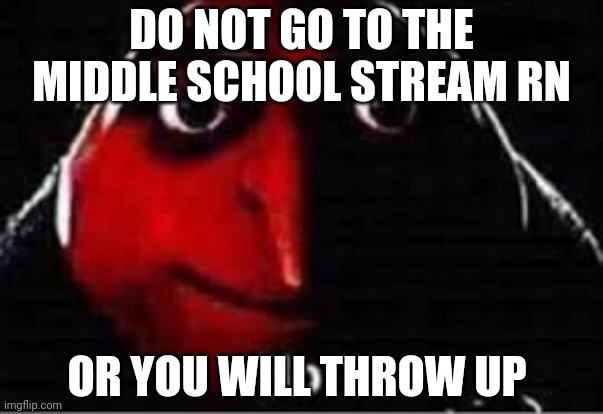 Plz dont | DO NOT GO TO THE MIDDLE SCHOOL STREAM RN; OR YOU WILL THROW UP | image tagged in gru saying no | made w/ Imgflip meme maker