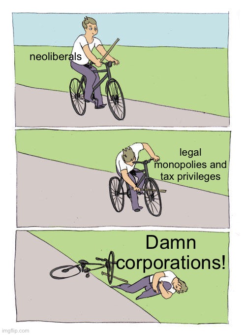 How dare they use what I gave them in their own interests! | neoliberals; legal monopolies and tax privileges; Damn corporations! | image tagged in memes,bike fall | made w/ Imgflip meme maker