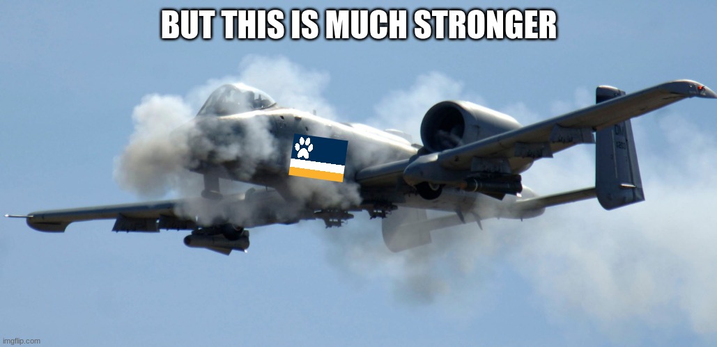 a-10 warthog thunderbolt brrrt | BUT THIS IS MUCH STRONGER | image tagged in a-10 warthog thunderbolt brrrt | made w/ Imgflip meme maker