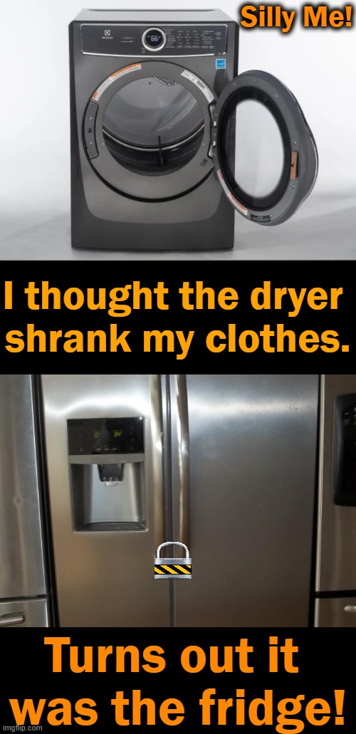 The obscure we see eventually. The completely obvious, it seems, takes longer. ~~ Edward R. Murrow | Silly Me! I thought the dryer 
shrank my clothes. Turns out it 
was the fridge! | image tagged in fun,imgflip humor,lol,obvious,funny memes | made w/ Imgflip meme maker