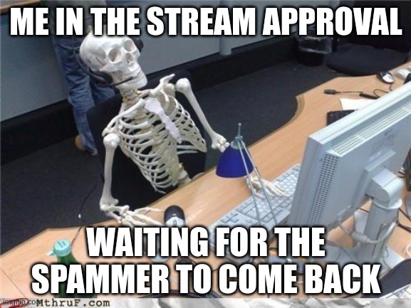 agreeable | ME IN THE STREAM APPROVAL; WAITING FOR THE SPAMMER TO COME BACK | image tagged in waiting skeleton | made w/ Imgflip meme maker