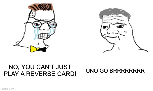 no you cant just ... | NO, YOU CAN'T JUST PLAY A REVERSE CARD! UNO GO BRRRRRRRR | image tagged in no you cant just | made w/ Imgflip meme maker