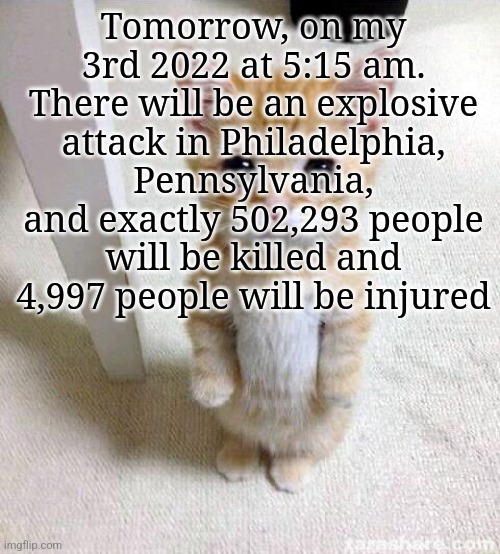 Cute cat | Tomorrow, on my 3rd 2022 at 5:15 am. There will be an explosive attack in Philadelphia, Pennsylvania, and exactly 502,293 people will be killed and 4,997 people will be injured | image tagged in memes,cute cat | made w/ Imgflip meme maker