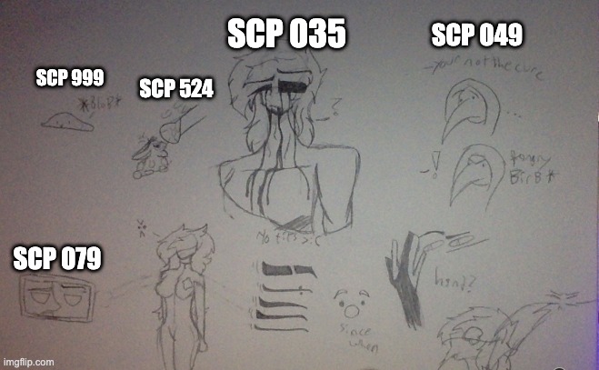 the rest are just scp oc doodles | SCP 035; SCP 049; SCP 999; SCP 524; SCP 079 | made w/ Imgflip meme maker