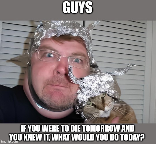 Foiled guy and cat | GUYS; IF YOU WERE TO DIE TOMORROW AND YOU KNEW IT, WHAT WOULD YOU DO TODAY? | image tagged in foiled guy and cat | made w/ Imgflip meme maker