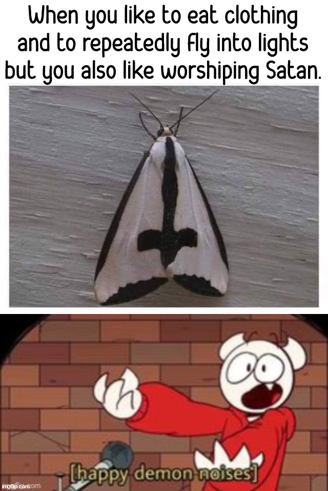 Upside down cross. |  When you like to eat clothing and to repeatedly fly into lights but you also like worshiping Satan. | image tagged in somethingelseyt happy demon noises,satan,moth,cross | made w/ Imgflip meme maker