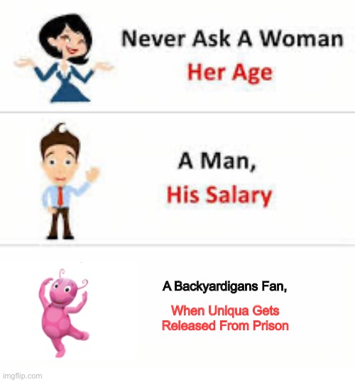 The answer is never | A Backyardigans Fan, When Uniqua Gets Released From Prison | image tagged in never ask a woman her age | made w/ Imgflip meme maker