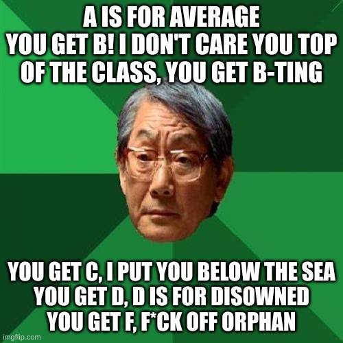 Am I wrong? |  A IS FOR AVERAGE
YOU GET B! I DON'T CARE YOU TOP OF THE CLASS, YOU GET B-TING; YOU GET C, I PUT YOU BELOW THE SEA
YOU GET D, D IS FOR DISOWNED
YOU GET F, F*CK OFF ORPHAN | image tagged in memes,high expectations asian father | made w/ Imgflip meme maker