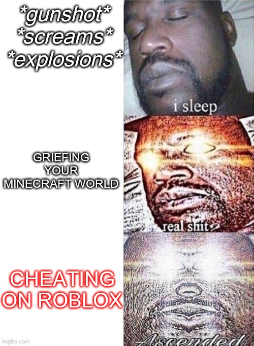 Sleeping shaq | *gunshot*
*screams*
*explosions*; GRIEFING YOUR MINECRAFT WORLD; CHEATING ON ROBLOX | image tagged in sleeping shaq | made w/ Imgflip meme maker