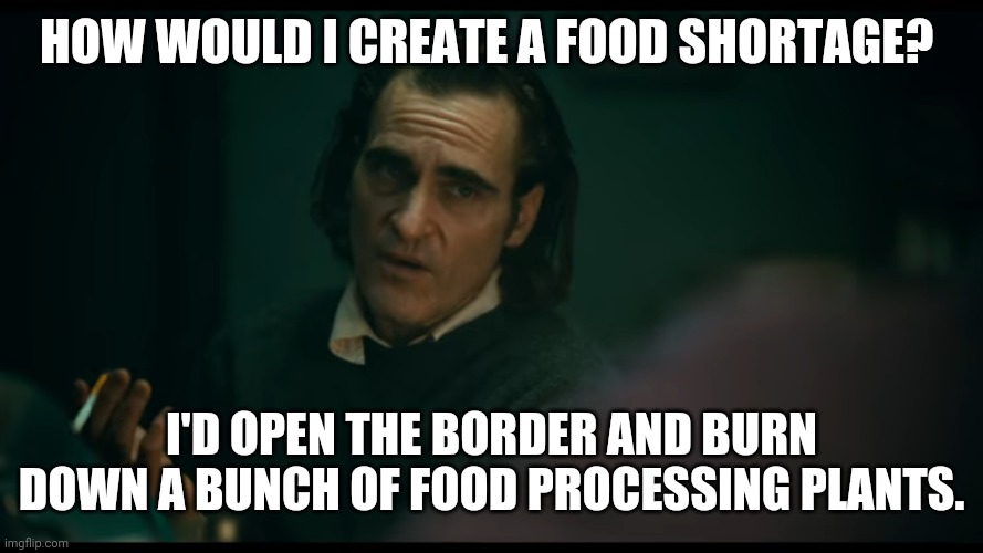 Done and done. | HOW WOULD I CREATE A FOOD SHORTAGE? I'D OPEN THE BORDER AND BURN DOWN A BUNCH OF FOOD PROCESSING PLANTS. | image tagged in memes | made w/ Imgflip meme maker