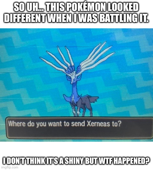 SO UH… THIS POKÉMON LOOKED DIFFERENT WHEN I WAS BATTLING IT. I DON’T THINK IT’S A SHINY BUT WTF HAPPENED? | made w/ Imgflip meme maker