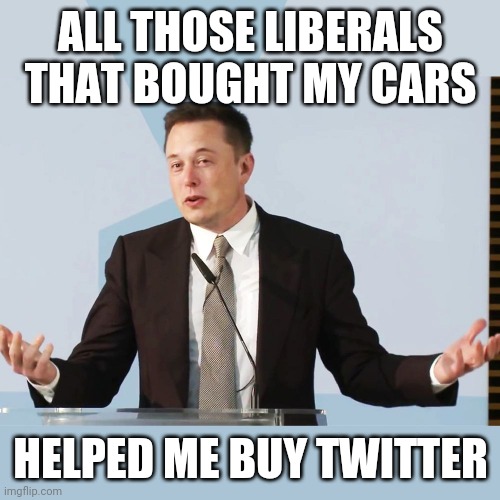 Elon Musk | ALL THOSE LIBERALS THAT BOUGHT MY CARS HELPED ME BUY TWITTER | image tagged in elon musk | made w/ Imgflip meme maker