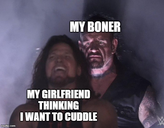 couple rules | MY BONER; MY GIRLFRIEND THINKING I WANT TO CUDDLE | image tagged in undertaker | made w/ Imgflip meme maker