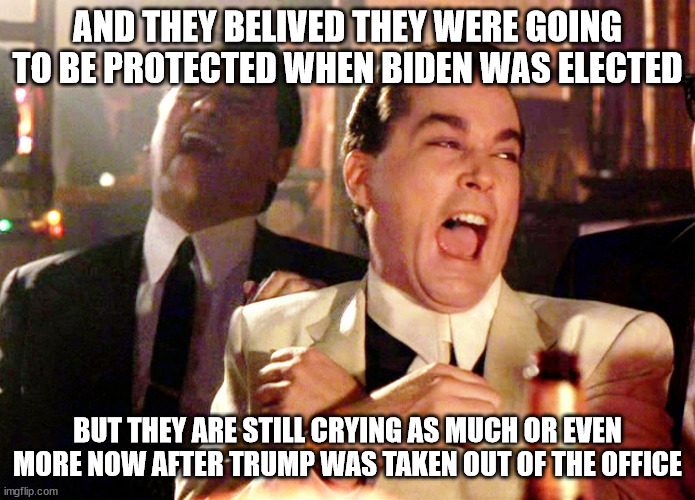 Good Fellas Hilarious Meme | AND THEY BELIVED THEY WERE GOING TO BE PROTECTED WHEN BIDEN WAS ELECTED BUT THEY ARE STILL CRYING AS MUCH OR EVEN MORE NOW AFTER TRUMP WAS T | image tagged in memes,good fellas hilarious | made w/ Imgflip meme maker