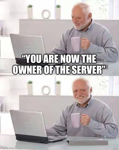7-second meme numbah 2 | “YOU ARE NOW THE OWNER OF THE SERVER” | image tagged in memes,hide the pain harold | made w/ Imgflip meme maker