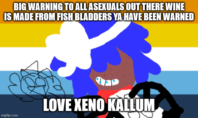 ASEXUAL MEMES | BIG WARNING TO ALL ASEXUALS OUT THERE WINE IS MADE FROM FISH BLADDERS YA HAVE BEEN WARNED; LOVE XENO KALLUM | image tagged in asexual | made w/ Imgflip meme maker