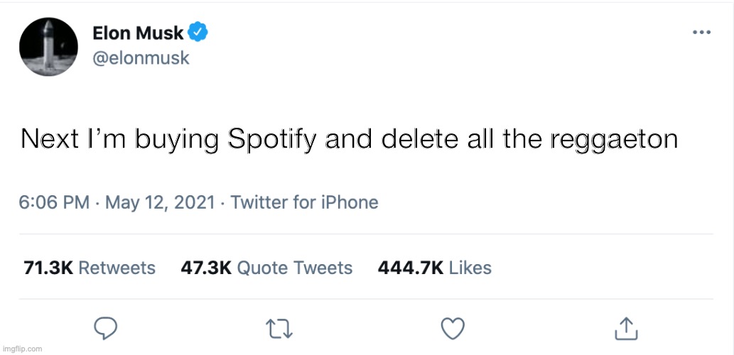 Elon Musk buying Spotify | Next I’m buying Spotify and delete all the reggaeton | image tagged in elon musk blank tweet,elon musk,spotify | made w/ Imgflip meme maker